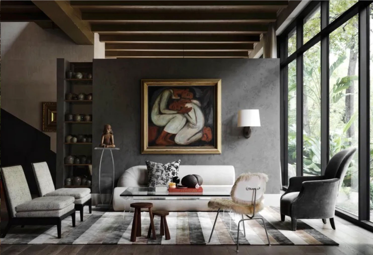 White vegan fur serpentine couch in moody classy interior