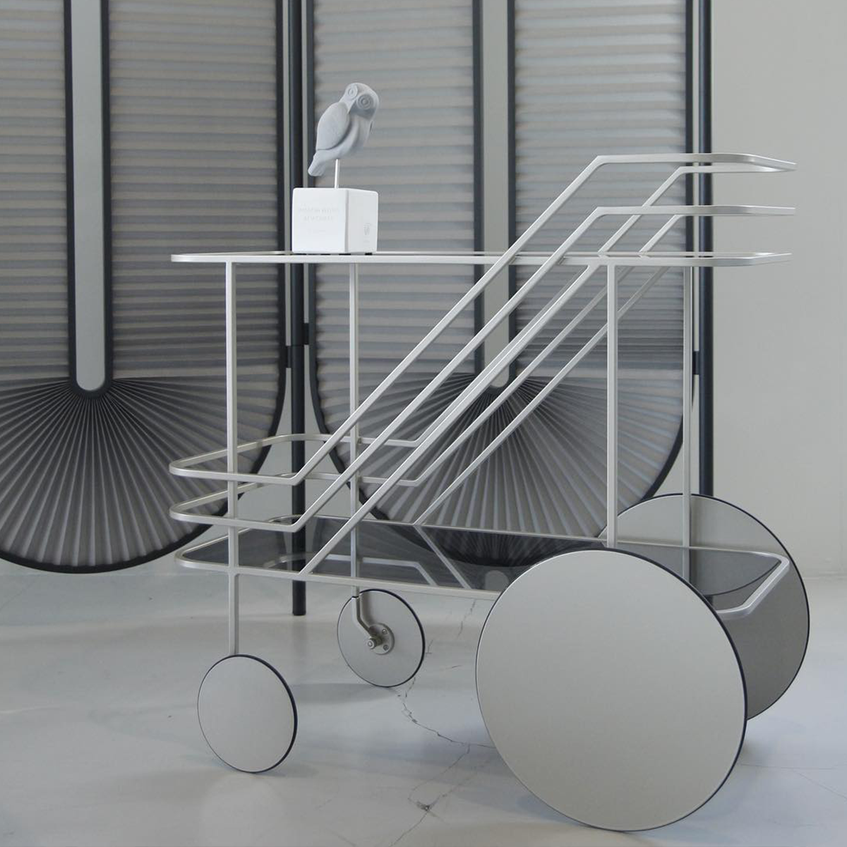 Dante - Goods and Bads Minima Moralia room divider and Come As You Are bar cart trolley by Christophe de la Fontaine